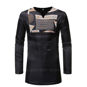 Men Dashiki Print Fashion V Neck Full Long Sleeve Shirt