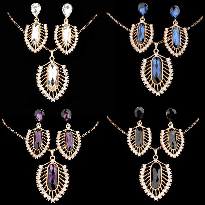 Dubai Gold Jewelry Nigerian Crystal Necklace Drop Earrings Women African New Bridal Jewelry Sets