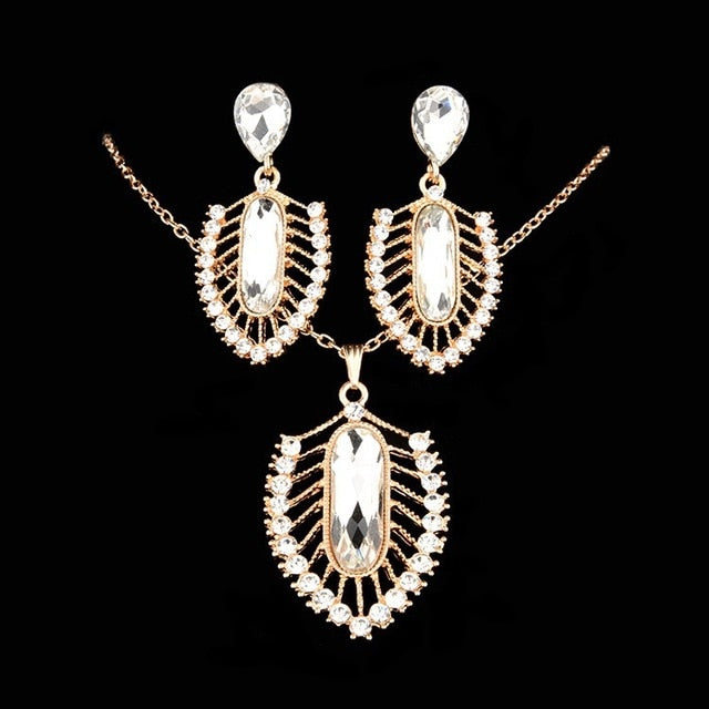 Dubai Gold Jewelry Nigerian Crystal Necklace Drop Earrings Women African New Bridal Jewelry Sets