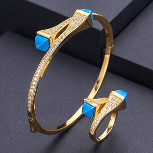 Unique African Bangle Ring Set Jewelry Sets For Women Wedding Cubic Zircon Crystal CZ Dubai Bridal Jewelry Set