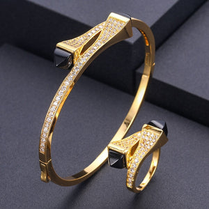 Unique African Bangle Ring Set Jewelry Sets For Women Wedding Cubic Zircon Crystal CZ Dubai Bridal Jewelry Set