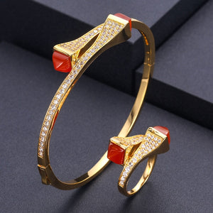 Unique African Bangle Ring Set Jewelry Sets For Women Wedding Cubic Zircon Crystal CZ Dubai Bridal Jewelry Set