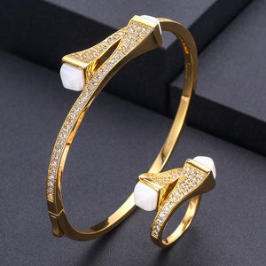 Unique African Bangle Ring Set Jewelry Sets For Women Wedding Cubic Zircon Crystal CZ Dubai Bridal Jewelry Set