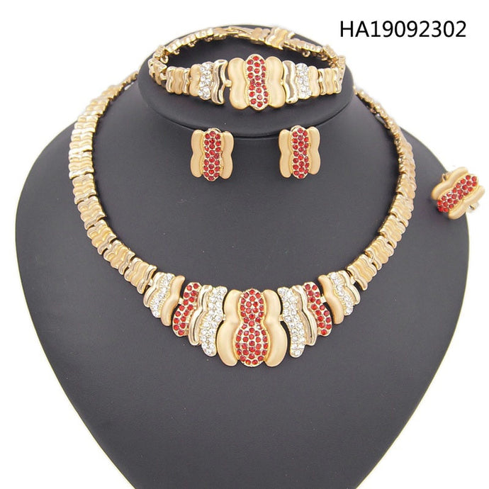 African Crystal Necklace Stud Earrings Bracelet Ring Nigerian Bridal Jewelry Sets