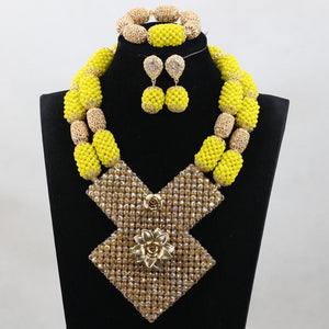 Bright Yellow Crystal African Wedding Jewelry Sets Nigerian Gold Bead Pendant Necklace Bride Jewelry Set Handmade Jewelry