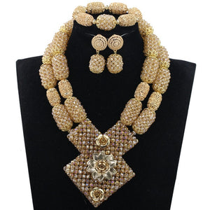 Bright Yellow Crystal African Wedding Jewelry Sets Nigerian Gold Bead Pendant Necklace Bride Jewelry Set Handmade Jewelry