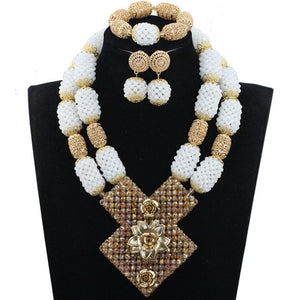 Bright Yellow Crystal African Wedding Jewelry Sets Nigerian Gold Bead Pendant Necklace Bride Jewelry Set Handmade Jewelry