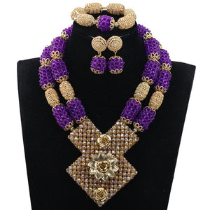 Bright Yellow Crystal African Wedding Jewelry Sets Nigerian Gold Bead Pendant Necklace Bride Jewelry Set Handmade Jewelry