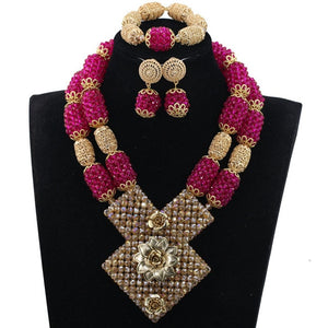 Bright Yellow Crystal African Wedding Jewelry Sets Nigerian Gold Bead Pendant Necklace Bride Jewelry Set Handmade Jewelry