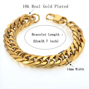 Hip Hop Style 14MM Cuban Chain Necklace & Bracelet Set For Men Gift Wholesale African Dubai Gold Stainless Steel Jewelry Sets