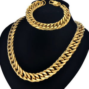 Hip Hop Style 14MM Cuban Chain Necklace & Bracelet Set For Men Gift Wholesale African Dubai Gold Stainless Steel Jewelry Sets