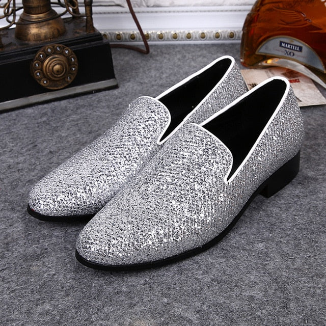 Christia Bella Men Loafers Fashion Genuine Leather Shoes Sequines Dress Office Men Shoes Slip on Pointed Top Personalized Shoes