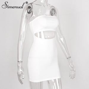 Simenual Bodycon Solid Women Mini Dress Hollow Out Strapless Sexy Hot Party Clubwear Fashion 2020 Summer Skinny Dress Wrap Chest