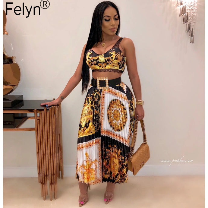 Felyn 2020 New Arrival Elegant 2 pieces A-line Dress Print Spaghetti Strap Night Party Midi Dress Vestidos