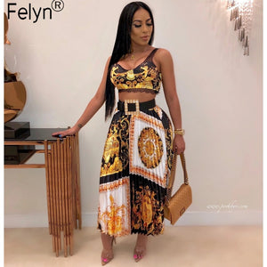 Felyn 2020 New Arrival Elegant 2 pieces A-line Dress Print Spaghetti Strap Night Party Midi Dress Vestidos