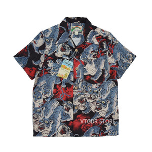 BOB DONG One Hundred Tigers Hawaiian Shirts Men Tropical Aloha Short Sleeve