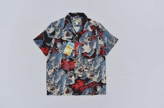 BOB DONG One Hundred Tigers Hawaiian Shirts Men Tropical Aloha Short Sleeve