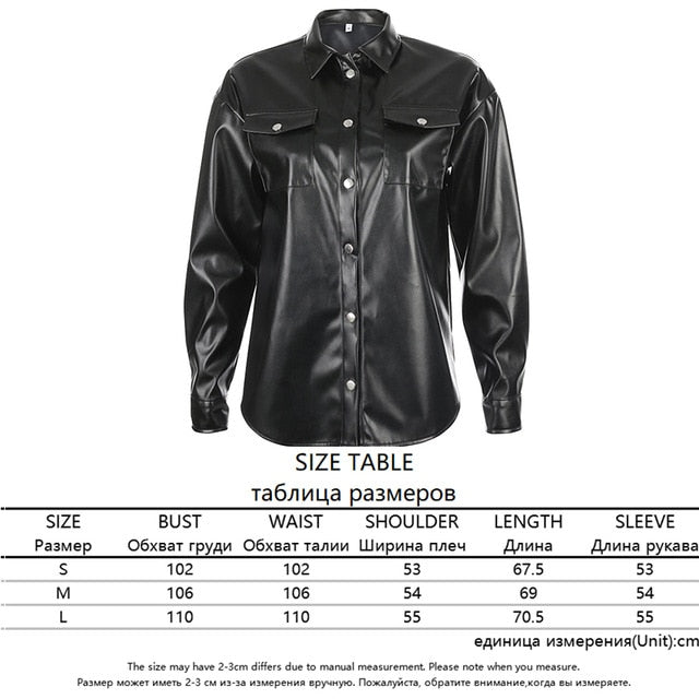 Sweetown Black Faux Leather Blouses Shirt Women Streetwear Covered Button Turn Down Collar Ladies Blouses Manches Bouffantes