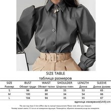 Load image into Gallery viewer, Sweetown Black Faux Leather Blouses Shirt Women Streetwear Covered Button Turn Down Collar Ladies Blouses Manches Bouffantes