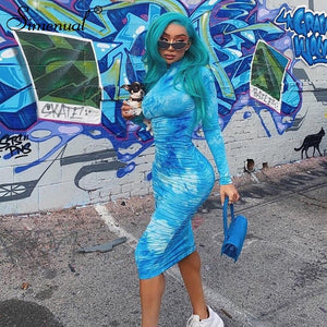 Simenual Tie Dye Print Fashion Women Midi Dress Long Sleeve 2020 Bodycon Party Dresses Skinny Ruched Clubwear Slim Basic Dress