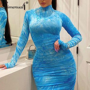 Simenual Tie Dye Print Fashion Women Midi Dress Long Sleeve 2020 Bodycon Party Dresses Skinny Ruched Clubwear Slim Basic Dress