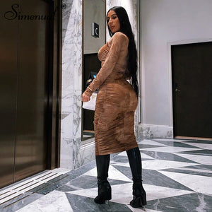 Simenual Tie Dye Print Fashion Women Midi Dress Long Sleeve 2020 Bodycon Party Dresses Skinny Ruched Clubwear Slim Basic Dress