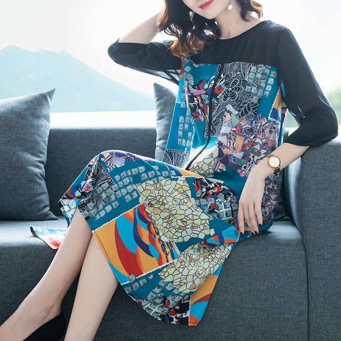 European American Fashion Print Female Dress 2020 Summer Imitate Real Silk Dress Loose Temperament Round Collar Lady Dresses