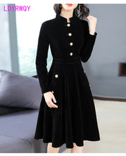 Load image into Gallery viewer, Women&#39;s European and American Hepburn style black thin retro collar velvet dress