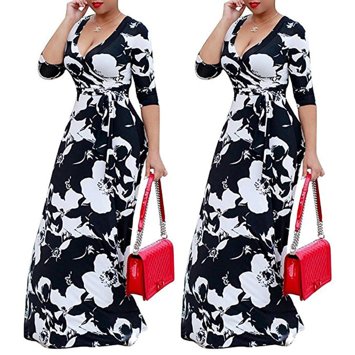 MC 2020 European and American Autumn Ladys Printed Dress New Large Size Dress Women's Long-sleeved V-neck Waist Dress for Girl