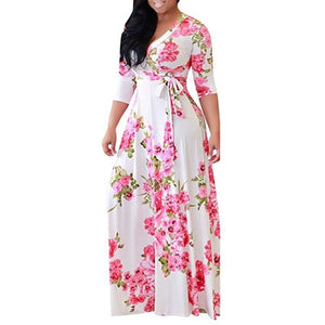 MC 2020 European and American Autumn Ladys Printed Dress New Large Size Dress Women's Long-sleeved V-neck Waist Dress for Girl