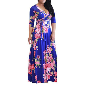 MC 2020 European and American Autumn Ladys Printed Dress New Large Size Dress Women's Long-sleeved V-neck Waist Dress for Girl