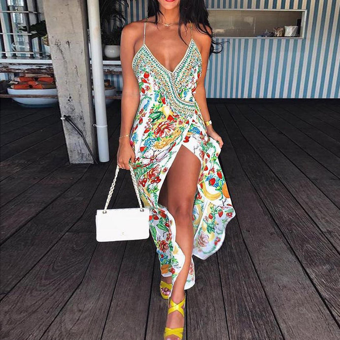 Stylish Bar 2020 Women Sleeveless Slit Deep V Slip Dress Summer Boho Print Ladies Beach Loose Sundress Sexy Sling Hawaiian Dress