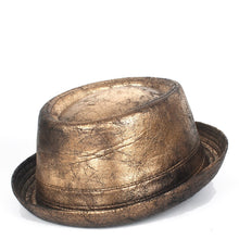 Load image into Gallery viewer, Leather Steampunk Hat Men Fedora Hat Gold Pork Pie Hat Flat Top Hat For Gentleman Bowler Gambler Cosplay Hat Size M L