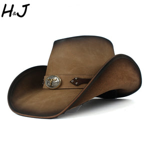 Men 100% Leather Western Cowboy Hat For Gentleman Dad Cowboy Sombrero Hombre Jazz Caps Size 58-59CM With Bull Band