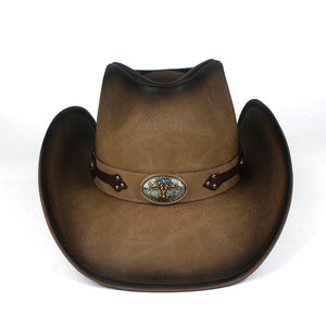 Men 100% Leather Western Cowboy Hat For Gentleman Dad Cowboy Sombrero Hombre Jazz Caps Size 58-59CM With Bull Band