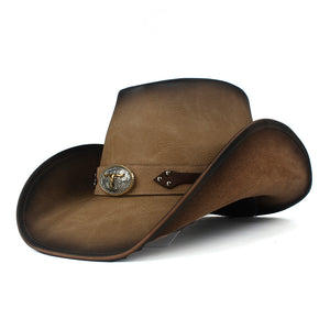 Men 100% Leather Western Cowboy Hat For Gentleman Dad Cowboy Sombrero Hombre Jazz Caps Size 58-59CM With Bull Band