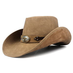 Leather Western Cowboy Hat For Men Fedora Hat Gentleman Dad Sombrero Hombre Jazz Caps Size 58-59CM Drop Shipping