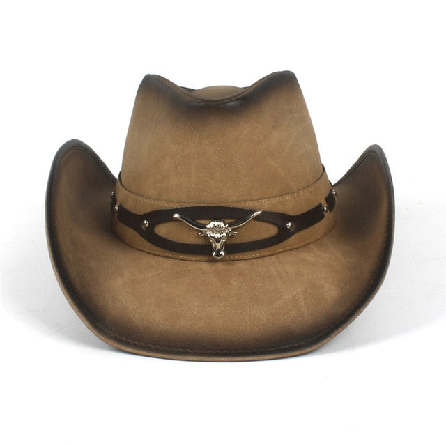 Leather Western Cowboy Hat For Men Fedora Hat Gentleman Dad Sombrero Hombre Jazz Caps Size 58-59CM Drop Shipping