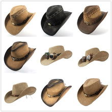 Load image into Gallery viewer, Leather Western Cowboy Hat For Men Fedora Hat Gentleman Dad Sombrero Hombre Jazz Caps Size 58-59CM Drop Shipping