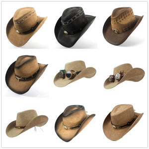 Leather Western Cowboy Hat For Men Fedora Hat Gentleman Dad Sombrero Hombre Jazz Caps Size 58-59CM Drop Shipping