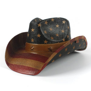 USA American Flag Straw Cowboy Hat For Women Men Western Cowgirl Sombrero Hombre Jazz Caps Size 58CM