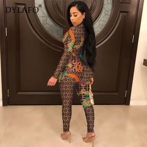 2019 New Sexy Stand Neck Skinny Rompers Zippers Long Sleeve Print Womens Jumpsuit Streetwear Plus Size Ladies Jumpsuits Overalls