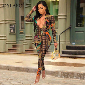 2019 New Sexy Stand Neck Skinny Rompers Zippers Long Sleeve Print Womens Jumpsuit Streetwear Plus Size Ladies Jumpsuits Overalls