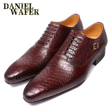 Load image into Gallery viewer, Fashion Men Leather Shoes Snake Skin Prints Men Office Dress Classic Style Burgundy Blue Lace Up Pointed Toe Oxford Shoes Men