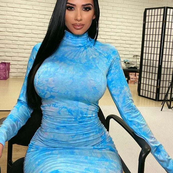 Tie Dye Maxi Dress 2020 Elegant Long Sleeve Body con Dress