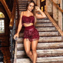 Load image into Gallery viewer, ANJAMANOR Sexy Club Two Piece Set Sequin Fringe Glitter Beach Party Outfits 2 Pcs Set Women Skirt Crop Top Matching Sets D47AG92