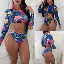 Load image into Gallery viewer, Sexy Women Long Sleeve Floral Crop Tops Bikini Set Push-Up Bandage Swimwear Swimsuit Bathing Suit