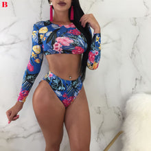 Load image into Gallery viewer, Sexy Women Long Sleeve Floral Crop Tops Bikini Set Push-Up Bandage Swimwear Swimsuit Bathing Suit