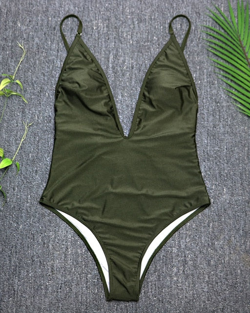 2020 Sexy One Piece High Cut Deep V Retro Bathing Suit Beachwear