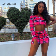 Load image into Gallery viewer, ANJAMANOR Plaid Print Sexy Two Piece Set One Shoulder Long Sleeve Crop Top Skirt Matching Sets Club Outfits Spring 2020 D0-AC72